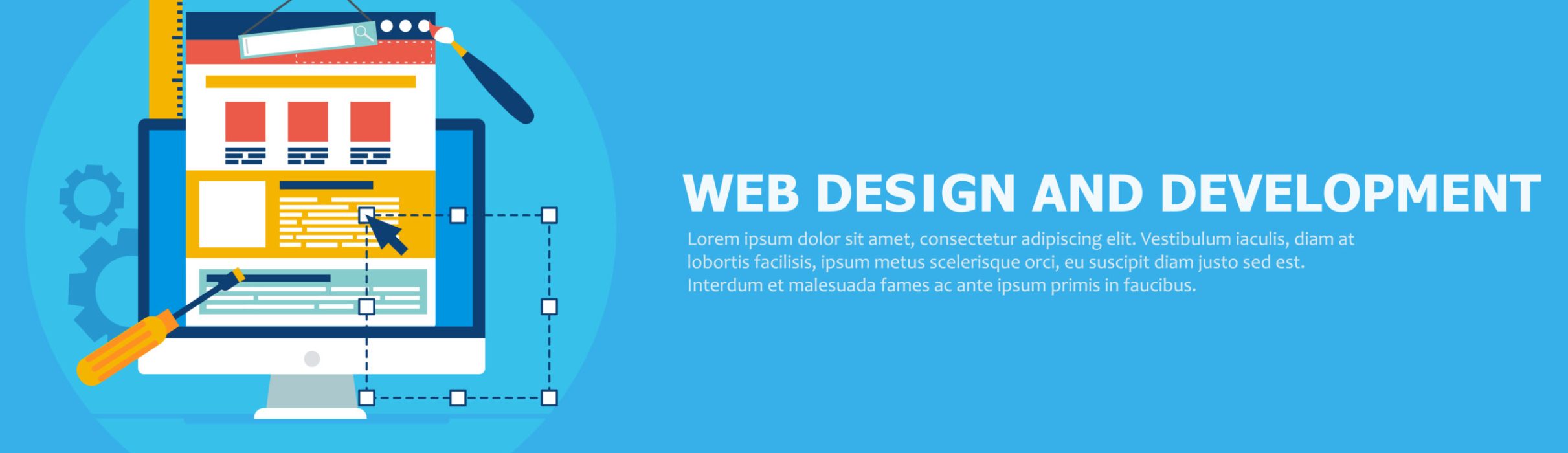 Website Development banner. Computer with constuctor tools. Vector flat illustration